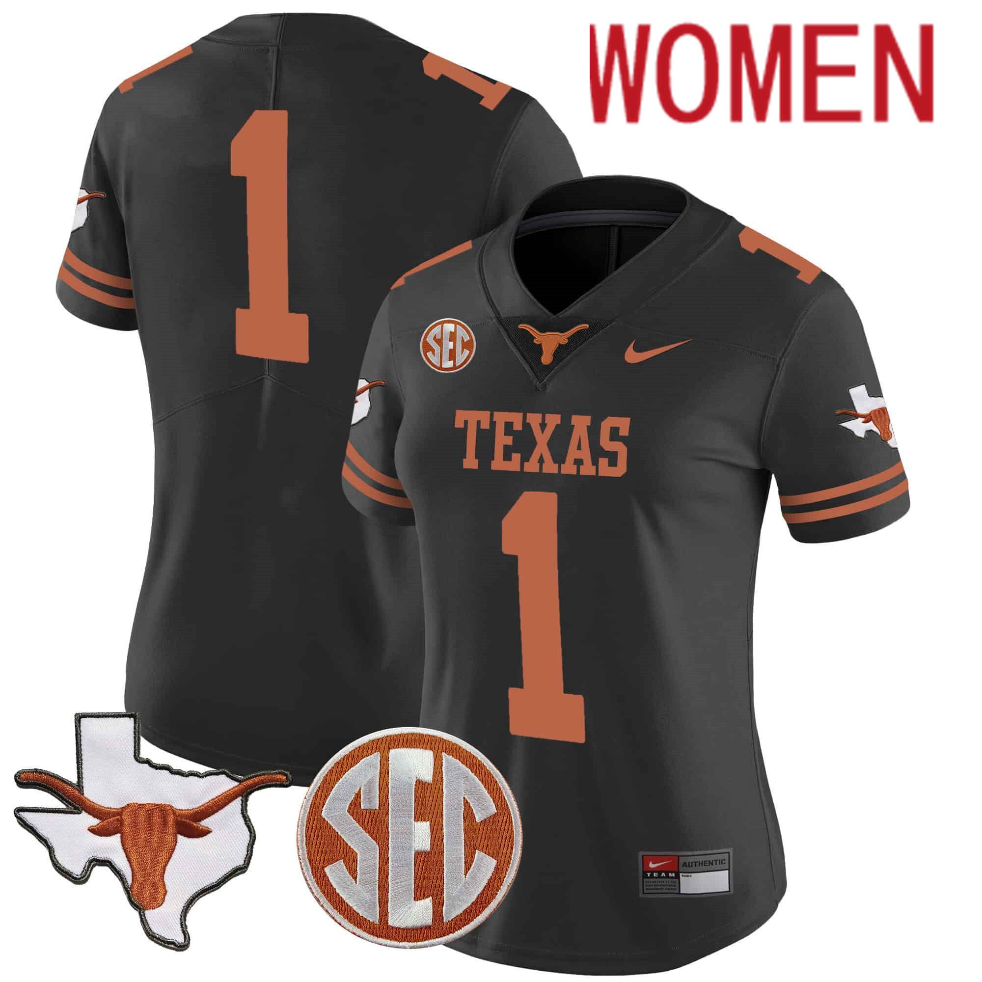 Women Texas Longhorns #1 No Name Black 2024 Nike State Map & SEC Patch Vapor NCAA Jersey style 1